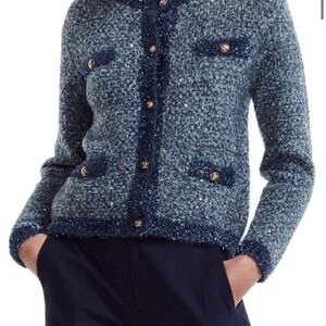 Maje Blue Tweed Blazer with Gold Accents